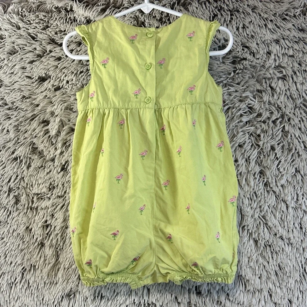 Vtg Gymboree Y2K ‎ ISLAND Summer Lime Green Flamingo Pink Grosgrain Romper 2T